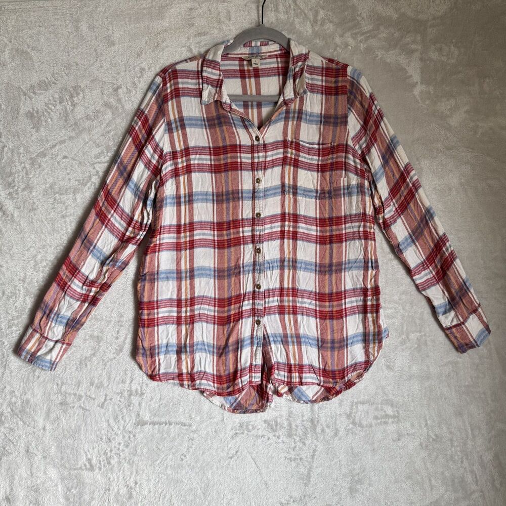 Lucky Brand Flannel Shirt Large White, Red & Orange Plaid Long Sleeve Colorful